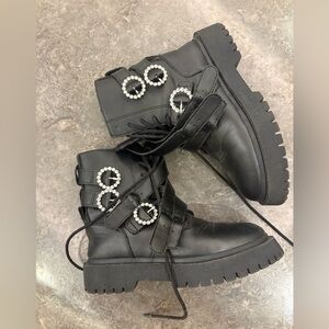 Zara Black Combat Boots with Rhinestone Buckle Accents